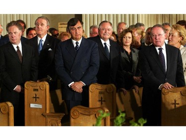 Attending the funeral of Louis Laberge were, from the left: Quebec Liberal leader Jean Charest, ex-prime minister Brian Mulroney ,ex-Quebec premiers Lucien Bouchard and Jacques Parizeau , his wife Lisette Lapointe current  Quebec premier Bernard Landry and deputy premier Pauline Marois. Laberge was former head of the FTQ (Federation des Travailleurs du Quebec) . The funeral was held at Mary Queen of the World church in Montreal.