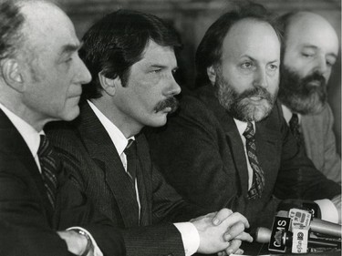 Montreal Citizens' Movement members November 27, 1982. Left to right leader of opposition Michael Fainstat, party president Jean Doré, house leader Jean Roy, and party whip Andre Berthelet.