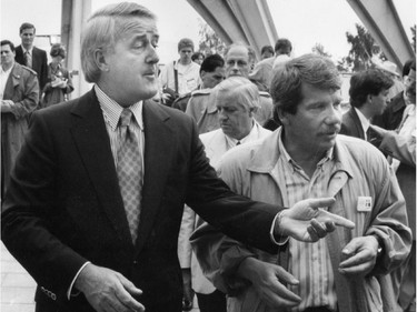 Prime Minister Brian Mulroney and Montreal mayor Jean Doré do a tour of the new park on Ile Notre-Dame on Friday, July 17, 1992.