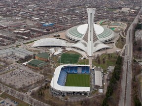 An aerial view of the Olympic Stadium (upper right) and Saputo Stadium (lower).