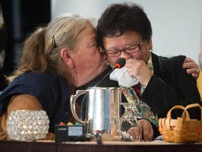 Residential School survivor Charlotte Mestokosho, right, during her testimony at the Truth and Reconciliation Commission in Montreal April 27, 2013.