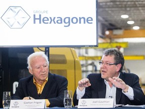 Gaetan Frigon, left, vice-president of the board of directors, Joel Gauthier, president and CEO of Groupe Hexagone in April 2013.