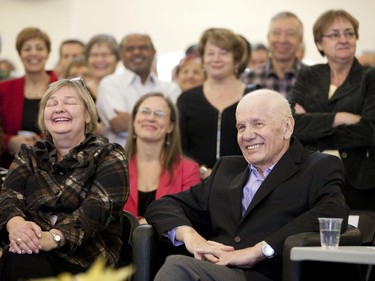 Former mayor of Montreal Jean Doré with his wife to his right, at a tribute event honouring him and the 40 years of the founding of the MCM ( Montreal Citizen's Movement) at UQAM Universty in Montreal, Sunday December 14, 2014.