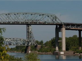 The Mercier Bridge span crosses the St. Lawrence Seaway, as seen from the south shore town of Kahnawake.