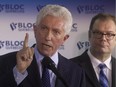 Gilles Duceppe speaks at a press conference in Montreal on Wednesday June 10, 2015 with present leader of the Bloc Québécois Mario Beaulieu. Duceppe announced he was returning as head of the Bloc Québécois .