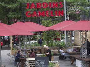 New sign invites people to Place Emilie Gamelin on  Monday June 15, 2015. Place Emilie Gamelin used to be a rough and unwelcoming kind of place, but now it's been turned into a park and gardens, complete with snack bars.