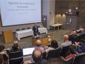 McGill's dean of medicine, David Eidelman speaks to members of the McGill's medical faculty during special meeting on Wednesday June 17, 2015 to discuss the probation by two accrediting bodies for falling short of standards for their curriculum and other issues.