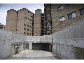 The garage entrance of a high rise apartment building on Wednesday June 17, 2015, where an elderly woman was savagely beaten and robbed the previous day.