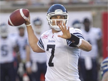 Toronto Argonauts quarterback Trevor Harris goes for pass, against the Montreal Alouettes during pre-season CFL football action in Montreal on Thursday June 18, 2015.