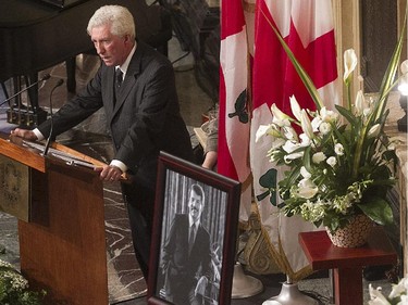 Bloc Québécois leader and longtime friend of Jean Doré, speaks during the funeral of the former mayor Montreal, during the service at Montreal city hall on Monday June 22, 2015.