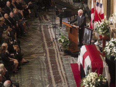 Bloc Québécois leader and longtime friend of Jean Doré, speaks during the funeral of the former mayor, during the service at Montreal city hall on Monday June 22, 2015.