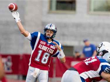 Montreal Alouettes quarterback Jonathan Crompton throws the ball during CFL action against the Ottawa Redblacks at the Percival Molson Stadium in Montreal on Thursday June 25, 2015.