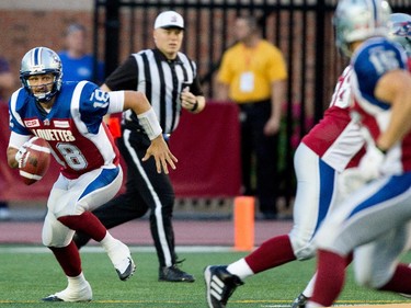 Montreal Alouettes quarterback Jonathan Crompton runs the ball during CFL action against the Ottawa Redblacks at the Percival Molson Stadium in Montreal on Thursday June 25, 2015.
