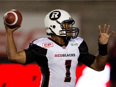 Ottawa Redblacks quarterback Henry Burris throws the ball during CFL action against the Montreal Alouettes at the Percival Molson Stadium in Montreal on Thursday June 25, 2015. The Redblacks beat the Alouettes 20-16.