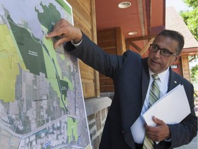 Pierrefonds-Roxboro mayor Dimitrios Jim Beis talks at a press conference at Cap St-Jacques in the Pierrefonds area of Montreal Friday, June 26, 2015 where some details of a development project for Pierrefonds west were unveiled.
