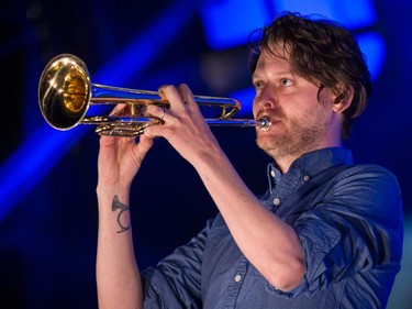 Zach Condon of the American music group Beirut performs for the Montreal International Jazz Festival at Place des Arts in Montreal on Friday, June 26, 2015.