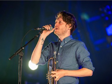 Zach Condon of the American music group Beirut performs for the Montreal International Jazz Festival at Place des Arts in Montreal on Friday, June 26, 2015.