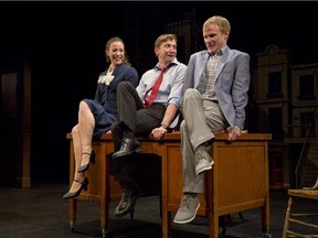 Marie-Pierre de Brienne, left, as Yvette, Ken James Stewart as Duddy and David Coomber as Virgil during a media call for The Apprenticeship of Duddy Kravitz: The Musical at the Segal Centre for Performing Arts  in Montreal on Wednesday, June 3, 2015.