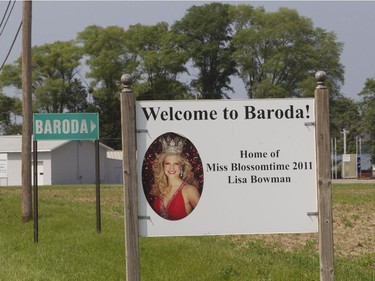 Signs leading into the former railway town of Baroda, Mich.