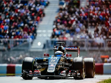 Lotus Formula 1 driver Romain Grosjean of France exits turn three during the third practice session for the F1 Canadian Grand Prix at Circuit Gilles-Villeneuve in Montreal on Saturday, June 6, 2015.