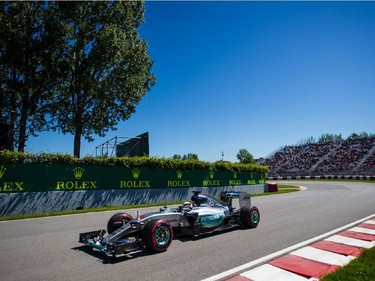 Mercedes Formula 1 driver Lewis Hamilton of Great Britain exits turn three during the third practice session for the F1 Canadian Grand Prix at Circuit Gilles-Villeneuve in Montreal on Saturday, June 6, 2015.