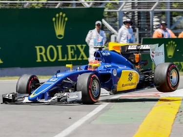Sauber Formula 1 driver Felipe Nasr of Brazil jumps through the corner of turn 14 during the qualifying session for the F1 Canadian Grand Prix at Circuit Gilles-Villeneuve in Montreal on Saturday, June 6, 2015.