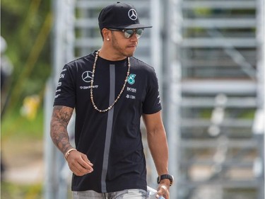 MONTREAL, QUE.: JUNE 7, 2015 -- Mercedes Formula 1 driver Lewis Hamilton of Great Britain arrives at the Circuit Gilles-Villeneuve for the 2015 Canadian Grand Prix in Montreal on Sunday, June 7, 2015. (Dario Ayala / Montreal Gazette)