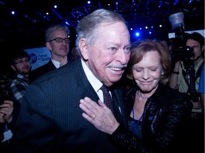 Former premier Jacques Parizeau is embraced by wife Lisette Lapointe after he delivered a speech at the Option Nationale conference in Montreal in 2013.