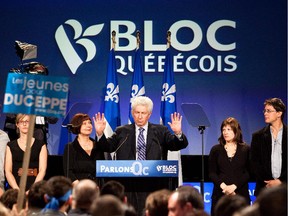 In this file photo from May of 2011, Gilles Duceppe gestures as he announces that he's stepping down from his position as the leader of the Bloc Quebecois. There are reports today that Duceppe is poised to re-assume the Bloc leadership in time for this year's federal vote. (Dario Ayala/THE GAZETTE)