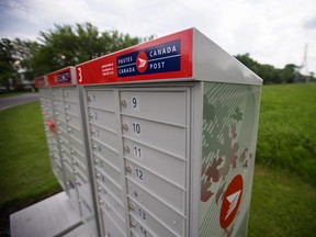 The community mailboxes from Canada Post on the corner of Walworth Drive and De Salaberry Blvd in Dollard-des-Ormeaux.