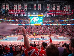 Canadiens fans cheer as the team takes the ice before the start of Game 5 of the Eastern Conference semifinal series against the Tampa Bay Lightning at the Bell Centre on May 9, 2015.