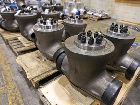 Valves attached to pallets await shipping in one of Velan valve company's plants in Montreal.