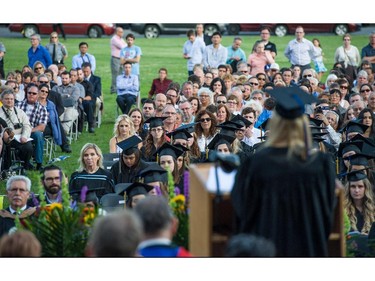 --  Honours Science graduate Lia Bertrand, inspires her fellow students, family members, guests and invitees with the Valedictory address, at convocation ceremonies held outdoors in front of the Hertzberg Building, at John Abbott College in Ste. Anne-de-Bellevue, Quebec on June 11, 2015. Established in 1971, some  2,000 students graduated, with 425 diplomas and honours certificates being awarded.