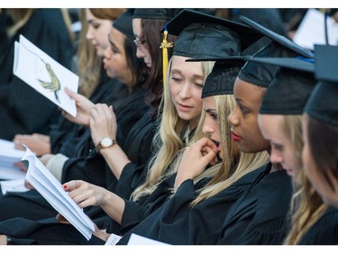 Students scrutinize a list of graduates in the program, during convocation ceremonies held outdoors in front of the Hertzberg Building, at John Abbott College in Ste. Anne-de-Bellevue, Quebec on June 11, 2015. Established in 1971, some  2,000 students graduated, with 425 diplomas and honours certificates being awarded.