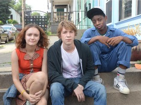 Olivia Cooke as Rachel, Thomas Mann as Greg, and RJ Cyler as Earl in Me and Earl and the Dying Girl, directed by Alfonso Gomez-Rejon.