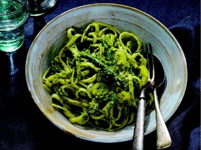 Pasta is combined with potatoes and green beans and flavoured with pesto in this dish from food writer Nancy Harmon Jenkins.