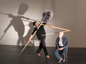 Pepper Fajans, left, and David Vaughan were closely connected with Merce Cunningham and bring the famed choreographer's ideas of indeterminacy to bear on Co. Venture. Long wood poles are among the objects Fajans uses to allow Vaughan, 91, "to appear and disappear without his entrances and exits being seen.”