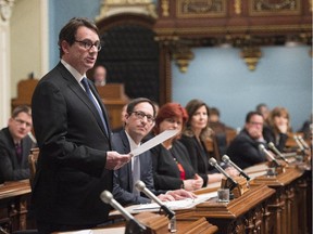 Quebec Opposition Leader Pierre Karl Peladeau pays a tribute to late premier Jacques Parizeau June 2, 2015, at the legislature in Quebec City. Peladeau suggested today that the former PQ leader's death could boost support for sovereignty.