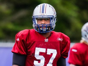 Chris Baker takes part in the Montreal Alouettes training camp at Bishop's University in Lennoxville on Sunday, May 31, 2015.