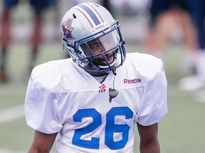 SHERBROOKE, QUE.: MAY 31, 2015 -- Chris Rainey takes part in the Montreal Alouettes training camp at Bishop's University in Lennoxville, Quebec on Sunday, May 31, 2015. (Dario Ayala / Montreal Gazette)