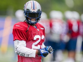 Cornerback Jonathan Hefney takes part in the Montreal Alouettes training camp at Bishop's University in Lennoxville, Quebec on Sunday.
