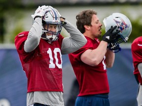 Marc-Olivier Brouillette, left, takes part in the Montreal Alouettes training camp at Bishop's University in Lennoxville, Quebec on Sunday, May 31, 2015. (Dario Ayala / Montreal Gazette)