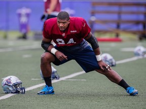 Michael Sam takes part in the Montreal Alouettes training camp at Bishop's University in Lennoxville, Quebec on Sunday, May 31, 2015.