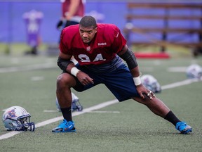Michael Sam takes part in the Montreal Alouettes training camp at Bishop's University in Lennoxville on Sunday, May 31, 2015.