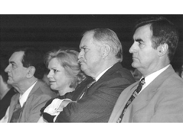 Camille Laurin, Lisettte Lapointe, Jacques Parizeau and Lucien Bouchard at a Bloc Quebecois-Parti Quebecois pep rally at Palais des Congres August 26, 1995,