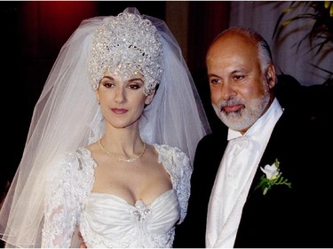 Singer Céline Dion in a tiara at the post-wedding press conference after her marriage to René Angélil December 17, 1994.