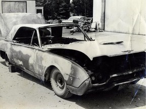 The burned out carcass of a 1962 Thunderbird once owned by Jim WIthers's father. It caught fire on June 27, 1965.
