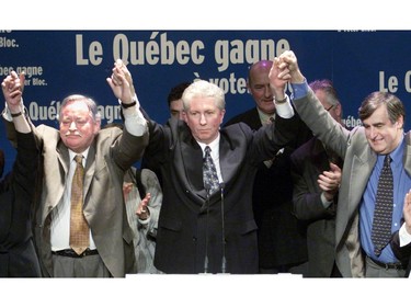 Former premier Jacques Parizeau and premier Lucien Bouchard lent their support to Gilles Duceppe at a Bloc Québécois rally in November 2000.