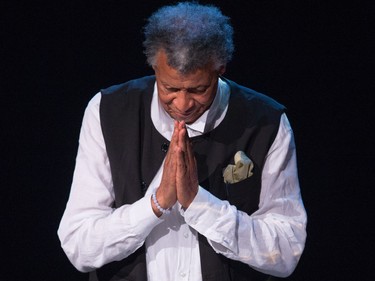 MONTREAL, QUE.: JULY 3, 2015 -- Abdullah Ibrahim gestures at the crowd as he arrives for the Abdullah Ibrahim Mukashi Trio performance for the Montreal International Jazz Festival at Ges¾¹ in Montreal on Friday, July 3, 2015. (Dario Ayala / Montreal Gazette)