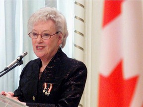 Flora MacDonald speaks after receiving the Pearson Peace Medal from Governor General Adrienne Clarkson at a ceremony at Rideau Hall in Ottawa, Friday, March 24, 2000.